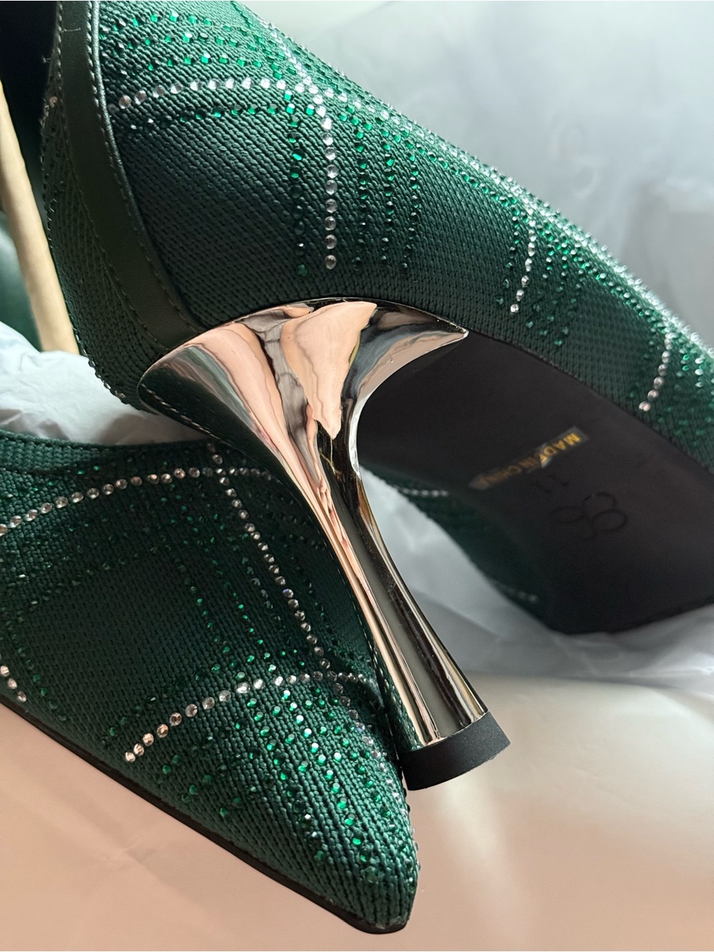 Green, Silver & Black Rhinestone Plaid Heels - Picture 3 of 6